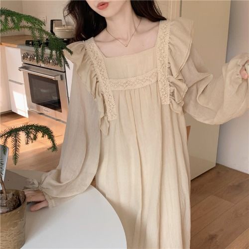 Đầm Ngủ Tay Dài Màu Trơn Phong Cách Mới Dành Cho Nữ