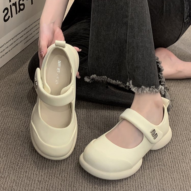 Giày Búp Bê Da PU Mũi Tròn Màu Trơn Phối Khóa Cài Trẻ Trung Hợp Thời Trang