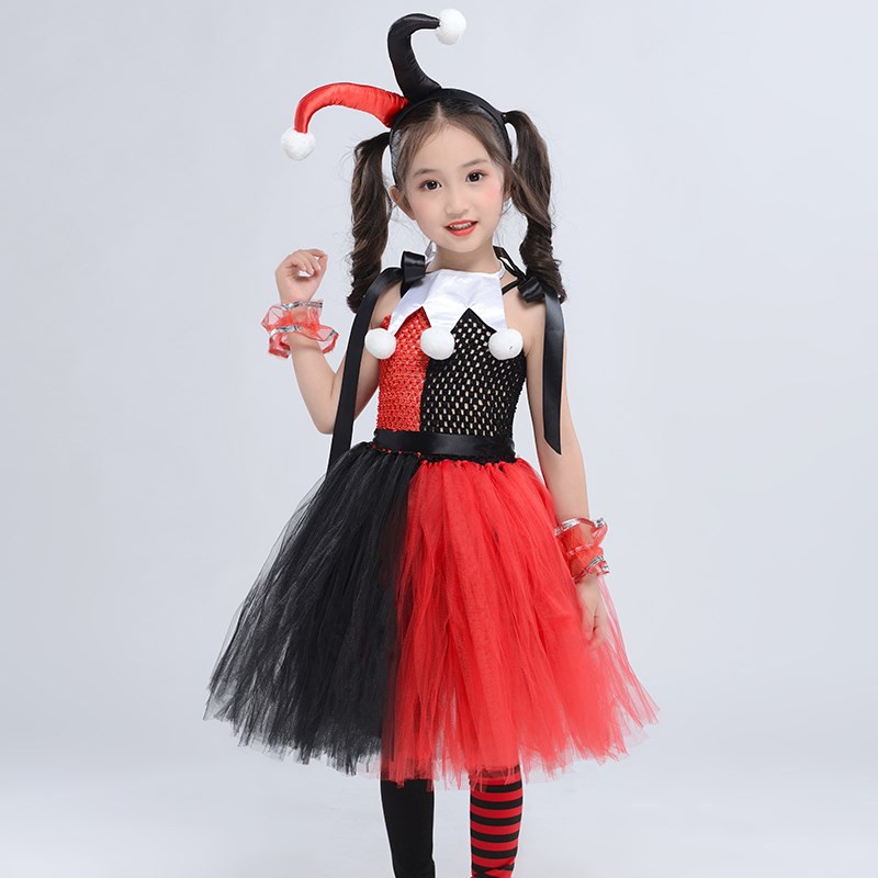 Harley quinn cosplay trang phục cho bé gái chú hề joker tutu dress cho trẻ em cô gái với băng đô vớ màu đen đỏ tiệc sinh nhật vestido