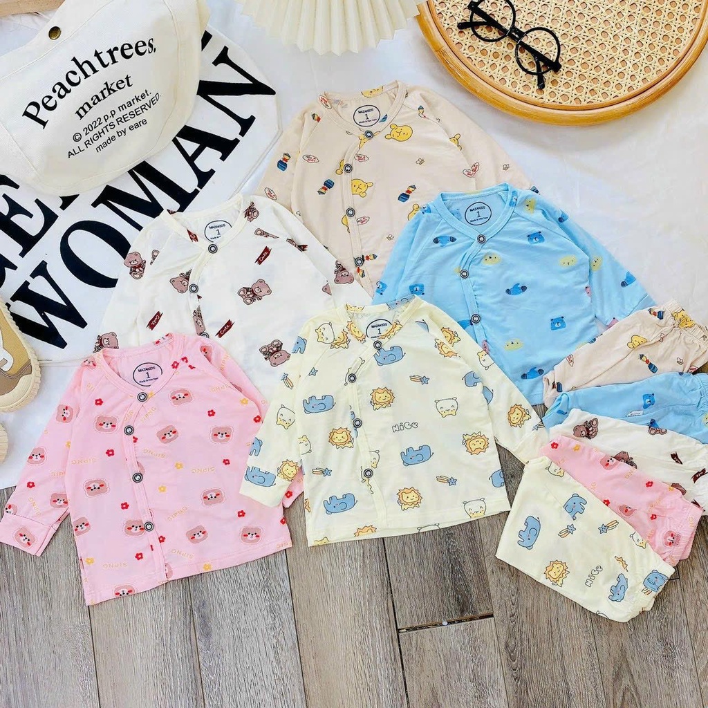 Bộ dài MÀU in hình cạp cao vải petit sợi tre mềm mát cho bé sơ sinh đến 9kg Mazakids