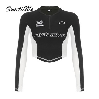 SweeticMe Nữ Thời Trang Mới Thêu Chữ Slim Fit Dây Kéo Dài Tay Nhân Quả Dạo Phố Áo Thun