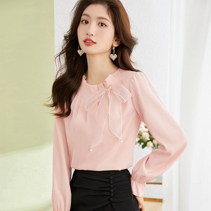 Áo Sơ Mi Chiffon Tay Dài Đính Nơ Thời Trang Mùa Xuân 2024 Cho Nữ