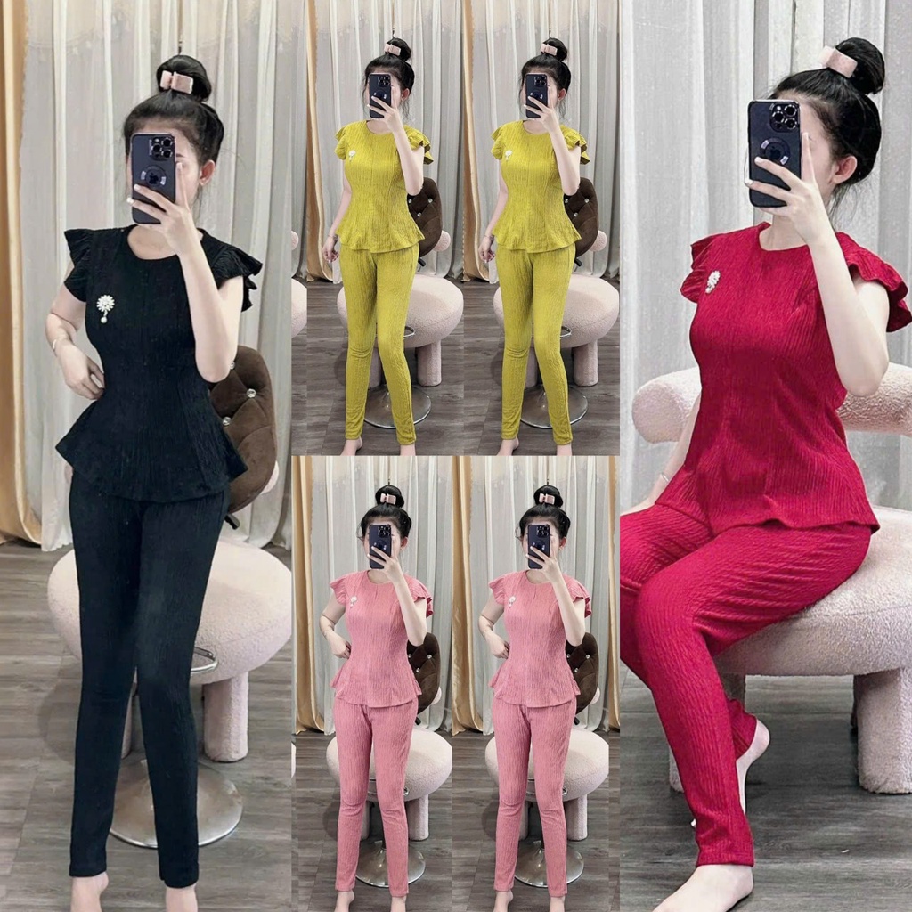 Set Đồ Bộ Xốp Áo Kiểu Cổ Tròn , Tay bèo , Tùng Xòe , Đính hoa Phối Quần Dài Ôm Siêu Cưng  , Đi Chơi Cực Xinh DB0080253