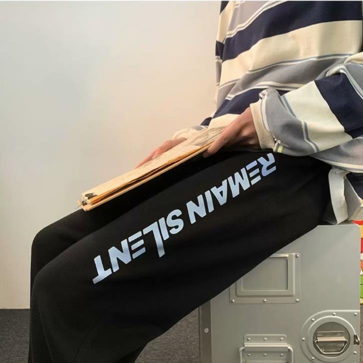 Cỡ M-8XL Quần Dài Thể Thao Màu Đen In Chữ Sáng Tạo Phong Cách Hàn Quốc Thời Trang Xuân Thu Cho Nam