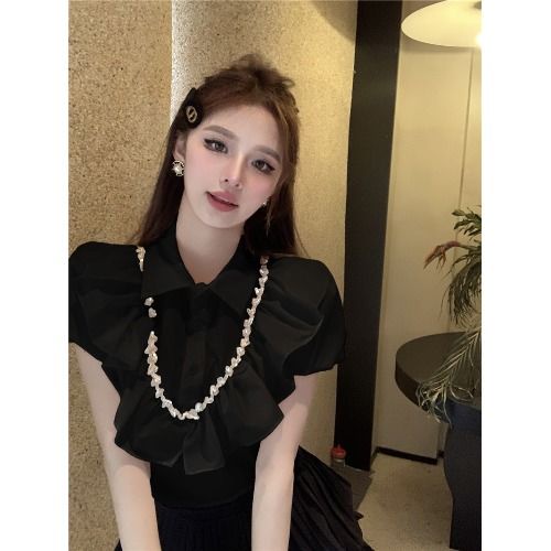 Áo Sơ Mi Ngắn Ôm Dáng Tay Phồng Cổ Polo Đính Đá Tinh Tế Thời Trang Mùa Hè Cho Nữ