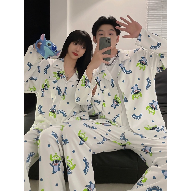 Bộ Đồ Ngủ Pijama Tay Dài Vải Lụa In Hoạt Hình Người Ngoài Hành Tinh Dễ Thương Cho Cặp Đôi Cỡ M-3XL
