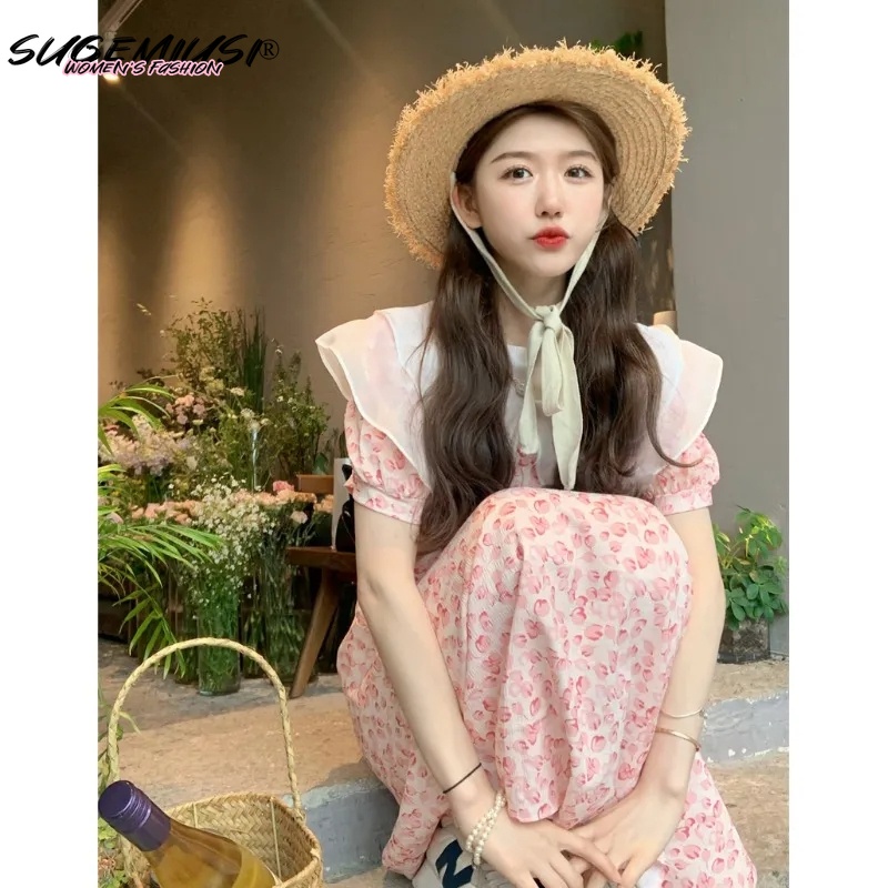 Sugemiusi Đầm Hoa Cổ Lá Sen Cỡ Nhỏ Phong Cách Hàn Quốc Ngọt Ngào
