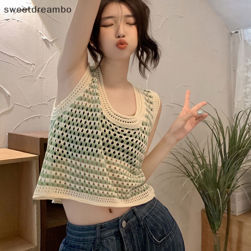 Áo hai dây dáng rộng không tay mùa hè cho nữ, áo hai dây dệt kim khoét lỗ sọc mùa hè