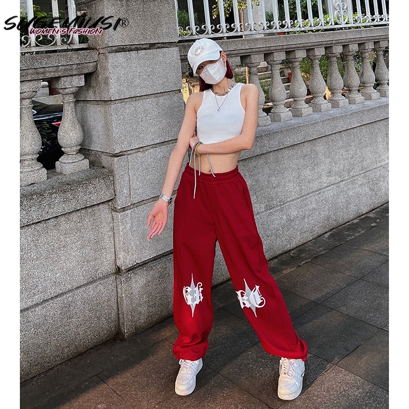 Sugemiusi Quần Dài Hip Hop Dây Rút Dáng Rộng Mỏng Màu Đỏ In Họa Tiết Phong Cách Mới Cho Nữ