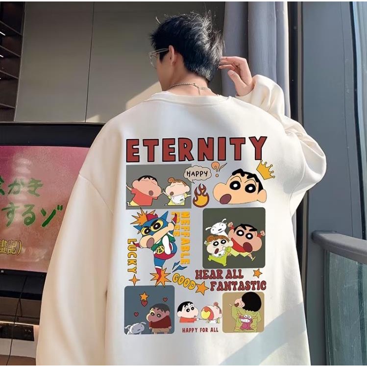 Sweater nam form rộng big size tới 120kg Nhật Bản Cartoon Crayon In ấn Shin Unisex Thời Trang Trẻ Trung