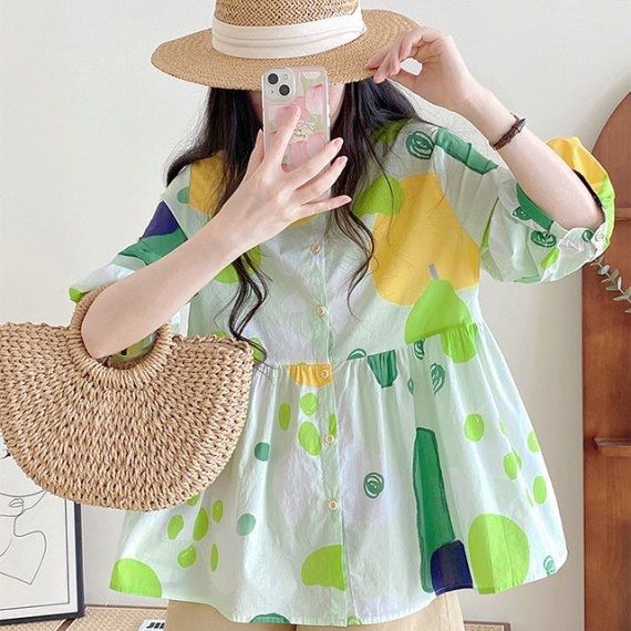 Áo Sơ Mi Tay Phồng Cổ Tròn Họa Tiết Chấm Bi Nhiều Màu Sắc Phong Cách Harajuku Dành Cho Nữ