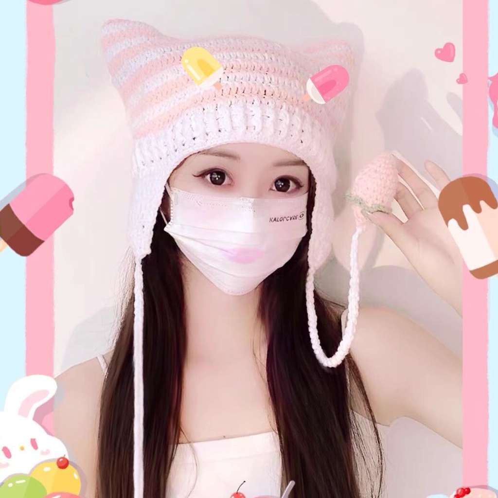 Mũ Len Trùm Tai Họa Tiết Kẻ Sọc Đính Tai Mèo Dễ Thương Thời Trang Thu Đông