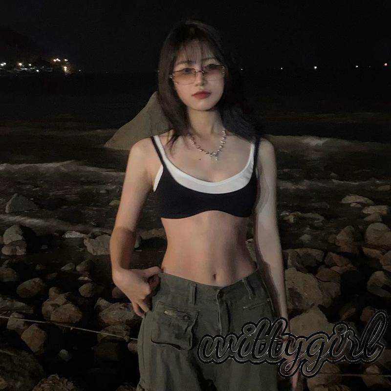 Witty-women Áo hai dây không tay áo hở lưng vá mỏng vừa vặn tập luyện vest cho party club