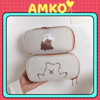 Hộp Bút Vải Canvas Cute Đa Năng Hình GẤU NÂU - Bóp Viết Đẹp To Nhiều Ngăn Đựng Mỹ Phẩm, Văn Phòng Phẩm AMKO HBV56