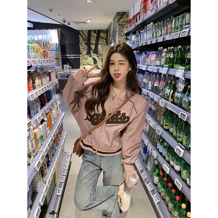 Áo Khoác Bóng Chày Tay Dài Dáng Rộng Ngắn Thêu Chữ Thời Trang Mùa Xuân 2023 Phong Cách Mỹ Cổ Điển NTHX