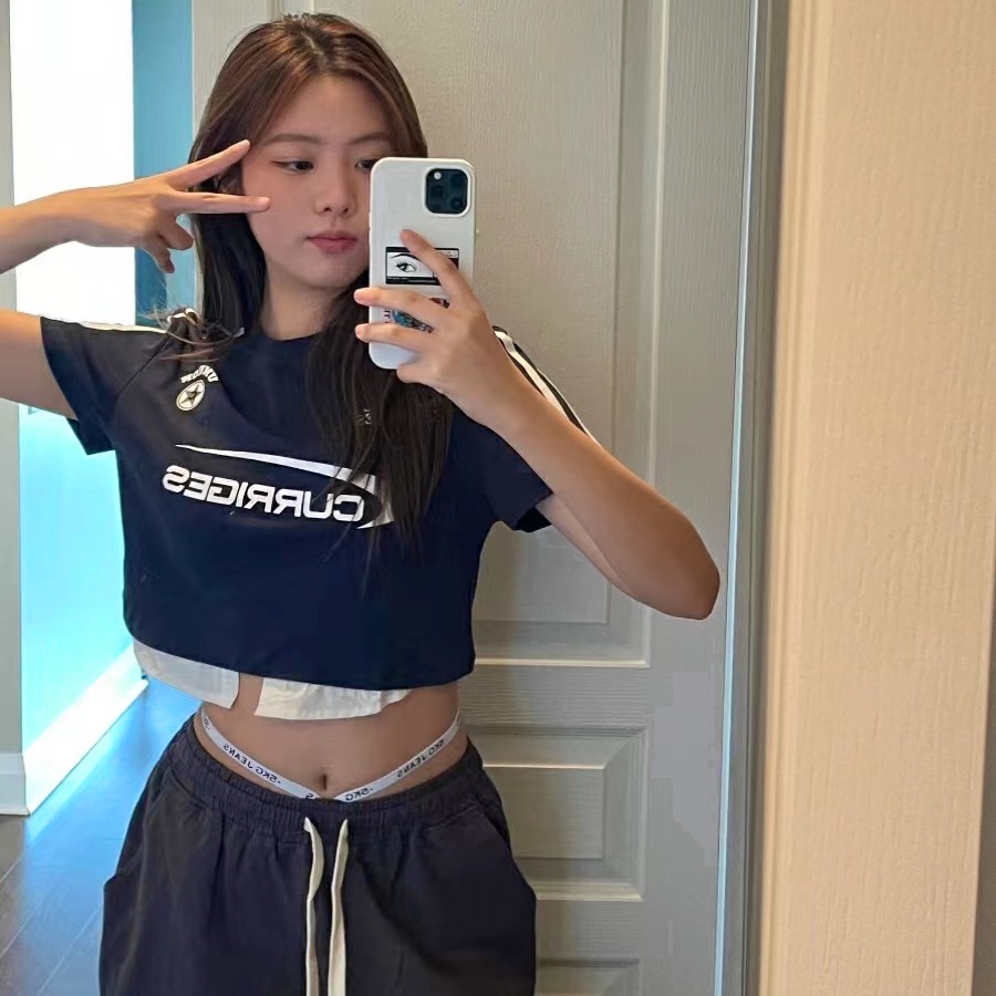 Áo thun croptop BH chất cotton tay ngắn phối màu in hình vintage kiểu Mỹ cho nữ