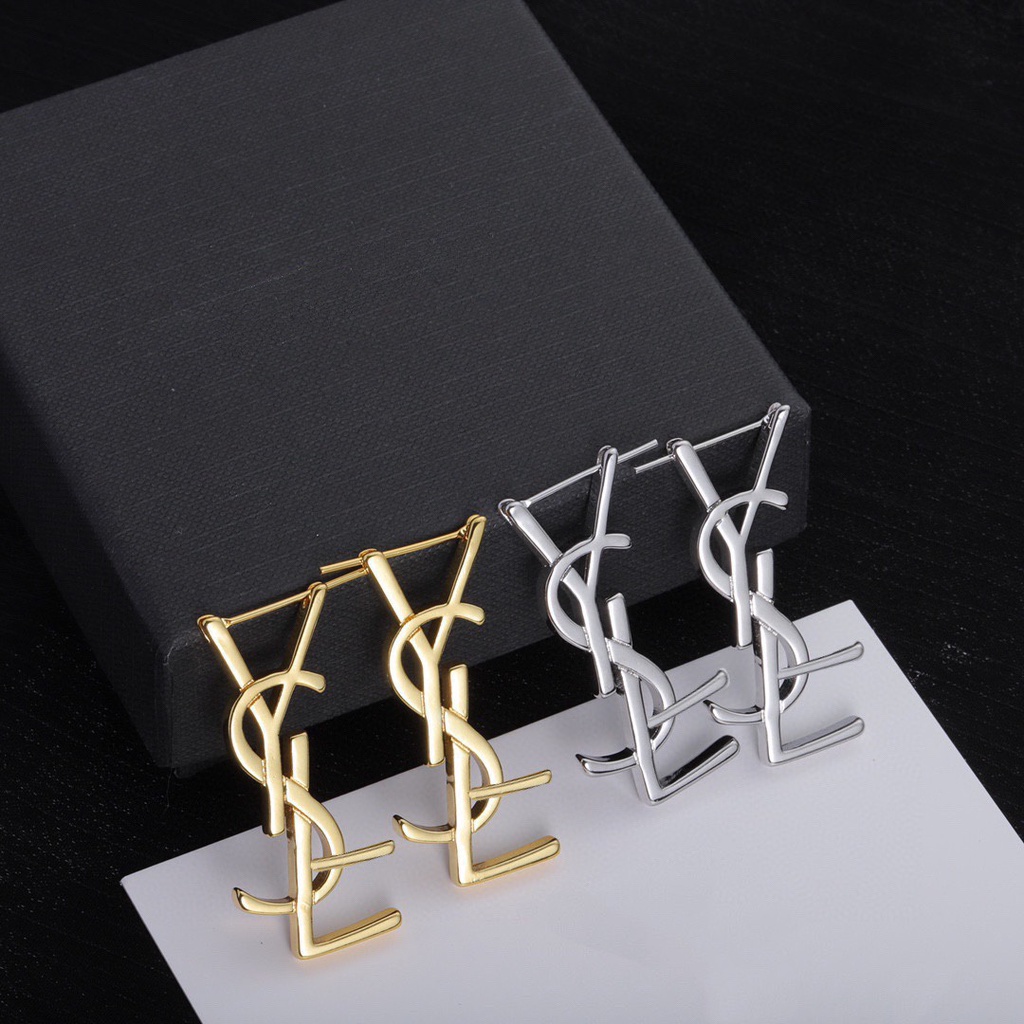 Ysl bông tai titan thép chữ logo ear hoop stud earrings trang sức của phụ nữ