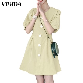 Vonda phụ nữ hàn quốc tay áo ngắn lantern tay áo v-cổ váy đồng màu