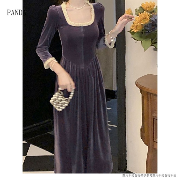 PANDA7.30Đầm Nữ Dài Tay Chất Nhung Màu Tím Phong Cách Retro váy nữ chân váy