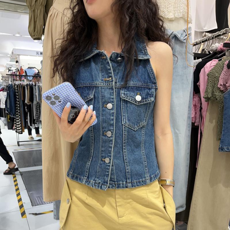 Phụ nữ mùa thu áo vest denim không tay áo ghi lê thường jean áo vest mỏng