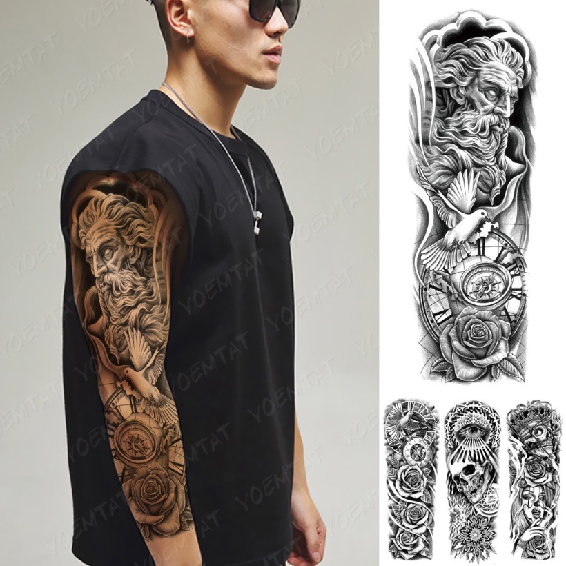 Lớn toàn bộ cánh tay tay áo không thấm nước hình xăm tạm thời sticker poseidon hòa bình chim bồ câu la bàn đồng hồ hoa hồng đàn ông phụ nữ nghệ thuật cơ thể hình xăm giả bán tốt