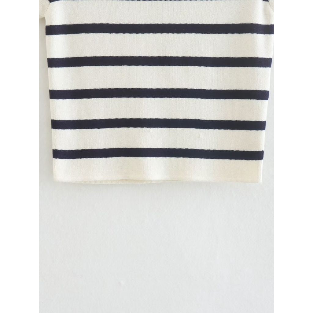 Zara phong cách mới mùa thu sọc căng ngắn dệt kim t-shirt
