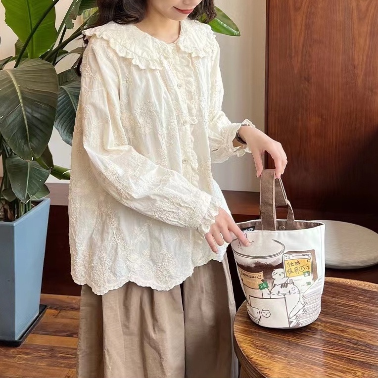 Túi xô vải mới cà phê mèo in túi xách nhỏ bento túi nhỏ