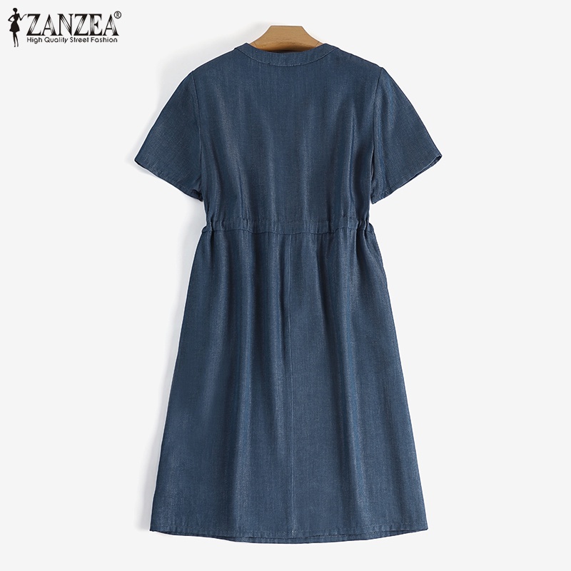 Zanzea phụ nữ hàn quốc tay ngắn v-cổ eo dây rút váy denim | BigBuy360 - bigbuy360.vn