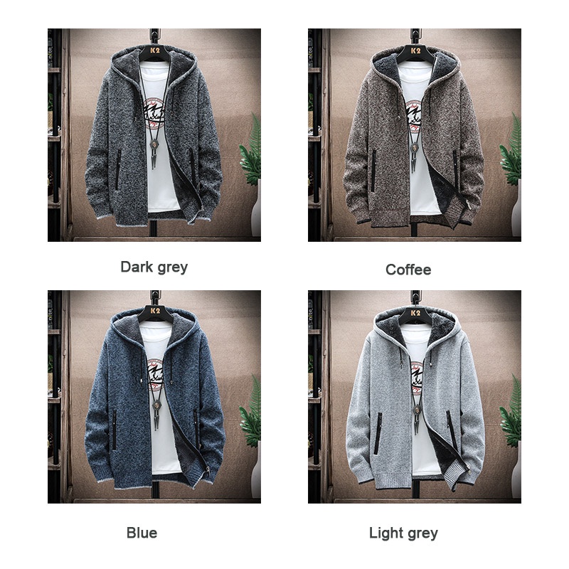 Áo khoác len nam hanlu dây kéo dài tay có túi lông cừu dày có mũ trùm đầu vải chất lượng hàng đầu