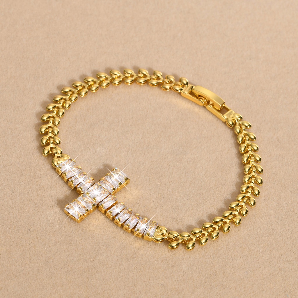 Vòng đeo tay VNOX tông vàng zircon sáng lúa mì đính đá zircon hình chữ thập thời trang quyến rũ cho nữ