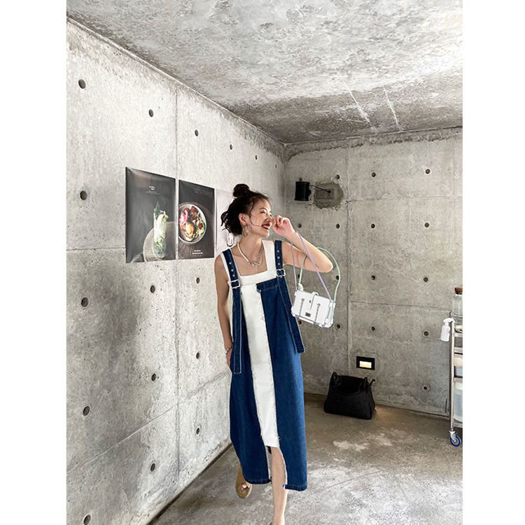 Đầm Yếm Denim Dáng Dài Không Tay Màu Sắc Tương Phản Phong Cách Hàn Quốc Thời Trang Mùa Thu 2021 Cho Nữ