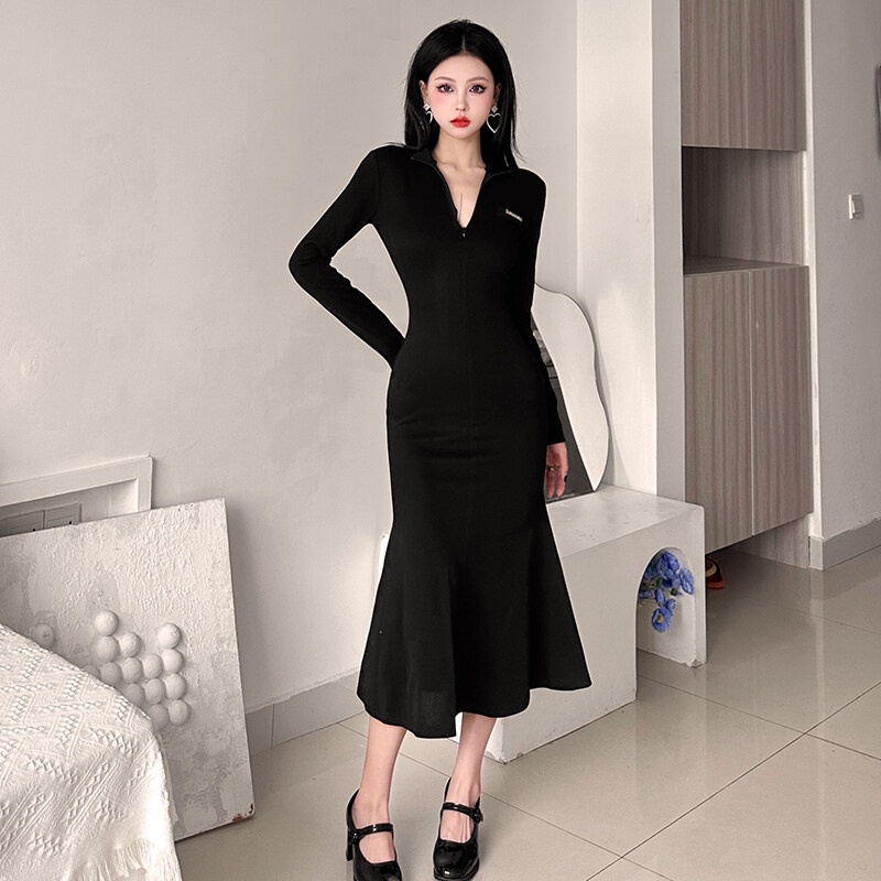 Kliou 2023 Mới Đầm Đen Dáng Dài Có Khóa Kéo Phong Cách Nữ Hoàng Thanh Lịch Quyến Rũ Thời Trang 2023