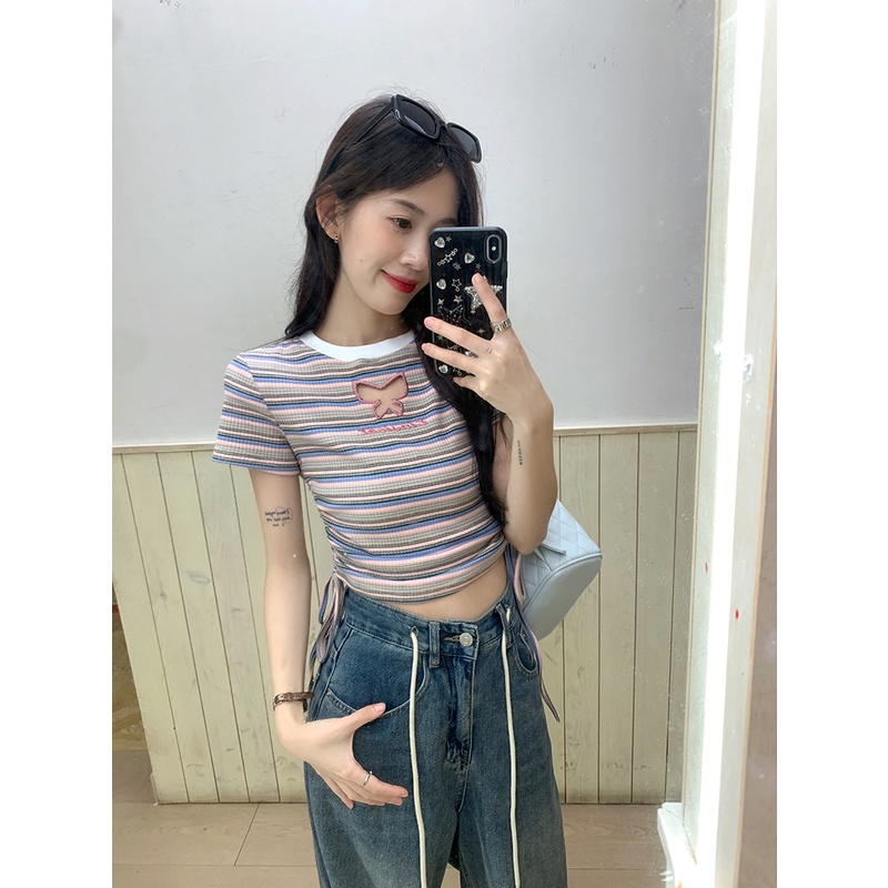 Áo Thun Ngắn Tay Khoét Lỗ Họa Tiết Sọc Hình Bướm Thời Trang Dành Cho Nữ