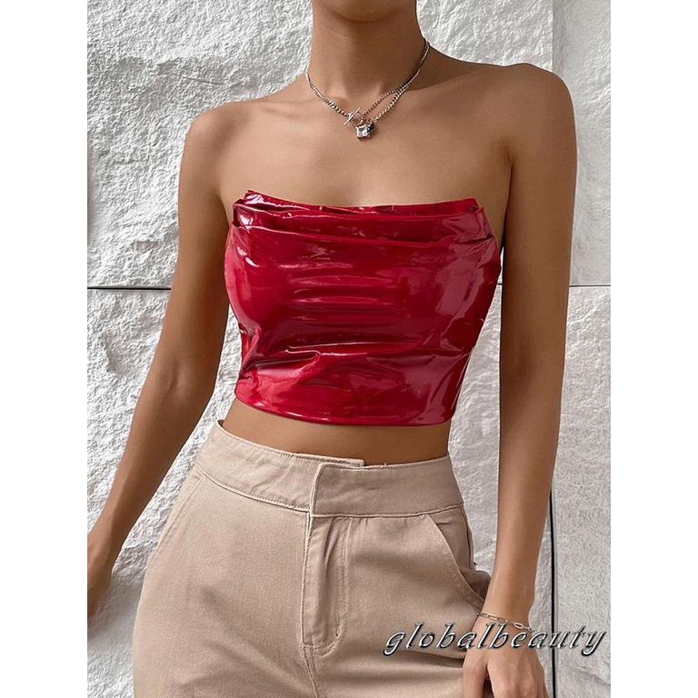 Áo Ống 00GB Bằng Da PU Màu Trơn Không Dây Quấn Ngực Có Khóa Kéo Thời Trang Mùa Hè Cho Nữ