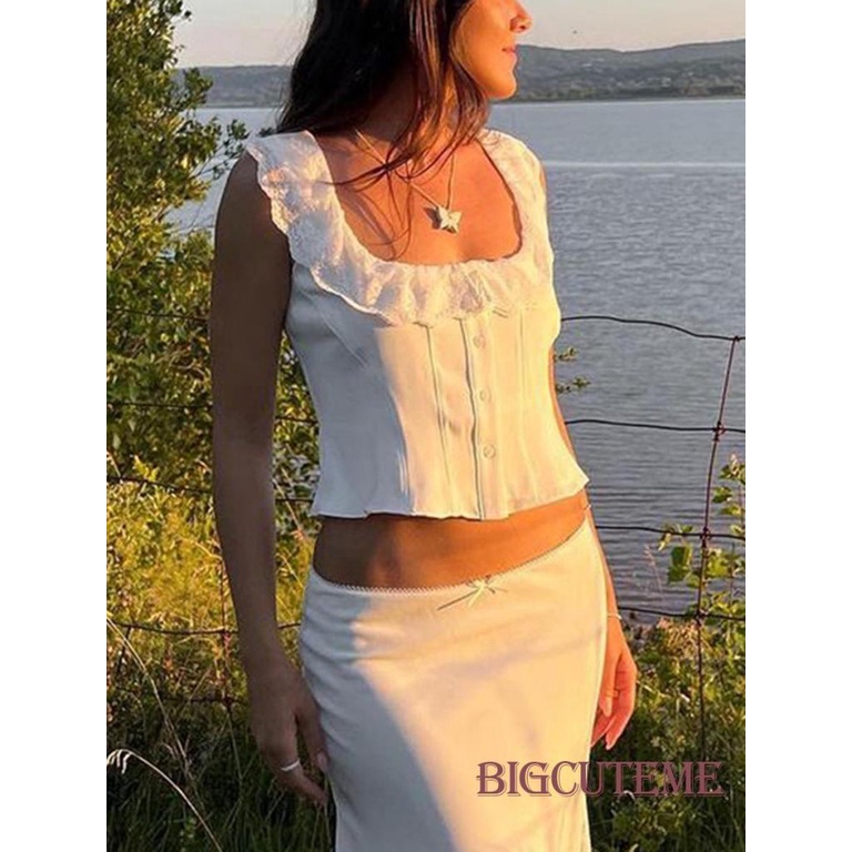 [] Áo Crop Top Ren Không Tay Màu Trắng Cài Nút Thời Trang Mùa Hè Cho Nữ