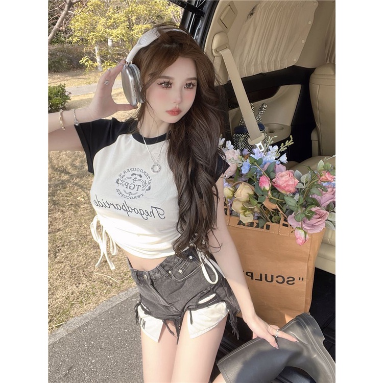 COZOK Áo Thun Ngắn Tay Ôm Dáng Phối Dây Rút Thời Trang