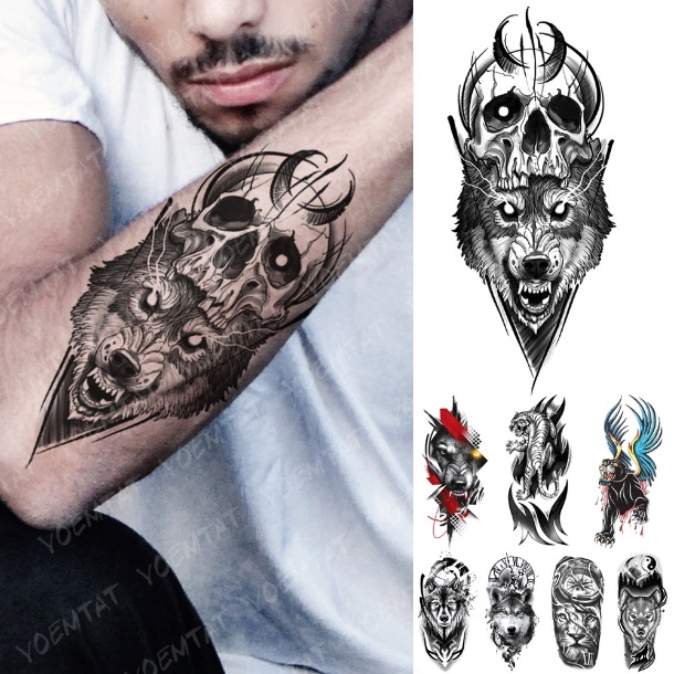 Hình Xăm Tạm Thời Không Thấm Nước Hình Đầu Lâu Hổ Âm Dương Yin Yang Đồng Hồ Rừng Cánh Tay Nghệ Thuật Tatoo Unisex Bán Chạy