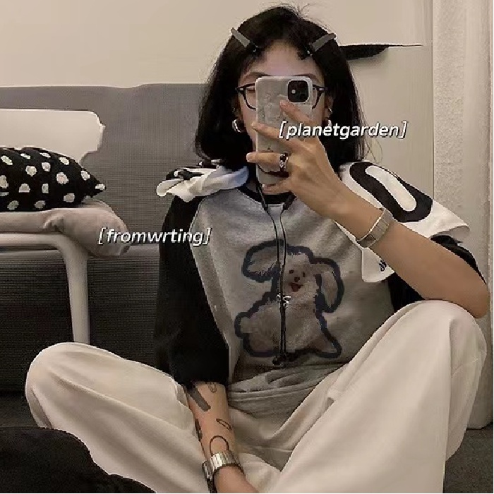 Áo Thun 100% Cotton Tay Ngắn Dáng Rộng In Họa Tiết Hoạt Hình Phong Cách Hàn Quốc Thời Trang Cho Nữ