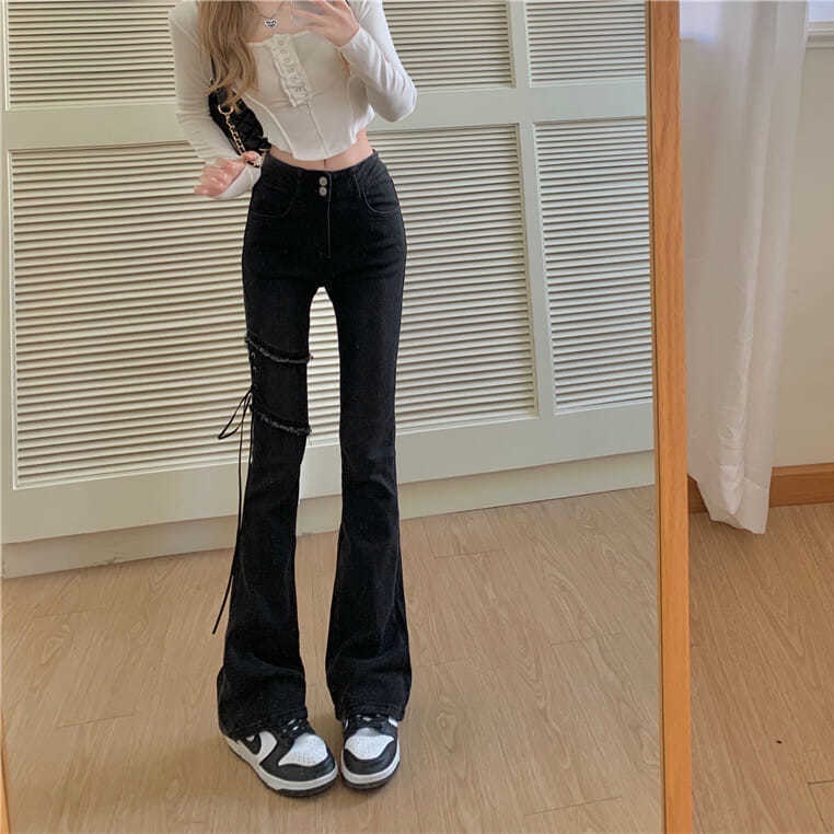 Jiashucheng Quần Jean Nữ Ống Loe Rộng Lưng Cao Cột Dây Phong Cách Đường Phố Xuân Thu Mới