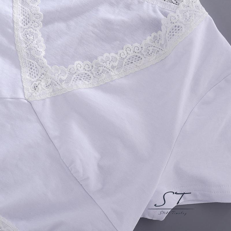 Áo Thun Tay Ngắn Cổ Chữ V Phối Ren Thời Trang Mùa Hè Cho Nữ