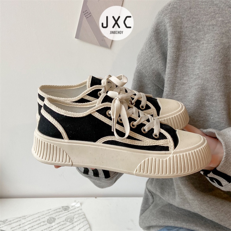 Giày Thể Thao Vải Bạt Mũi Tròn Cột Dây Phối Màu Thời Trang Ulzzang