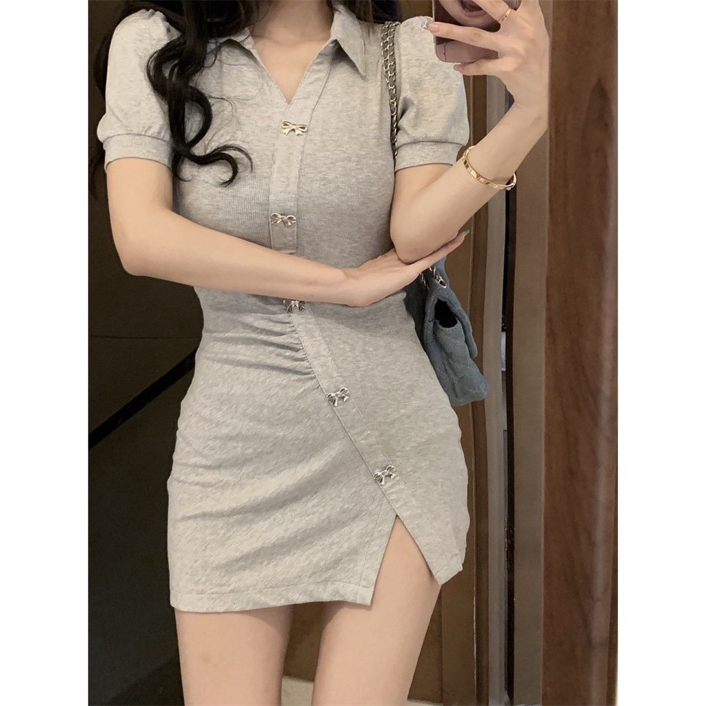 Đầm Ngắn Ôm Dáng Tay Phồng Cổ Polo Duyên Dáng Thời Trang Mùa Hè Hàn Quốc 2022 Dành Cho Nữ