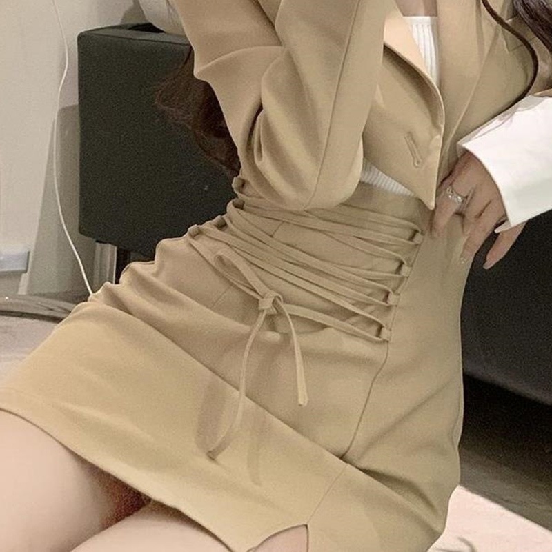 IELGY   Bộ Áo Khoác Vest Nhỏ Ghép Nối Phong Cách Hàn Quốc Kèm Chân Váy Dây Rút Phong Cách Nước Ngoài [Đặt Hàng Riêng Biệt