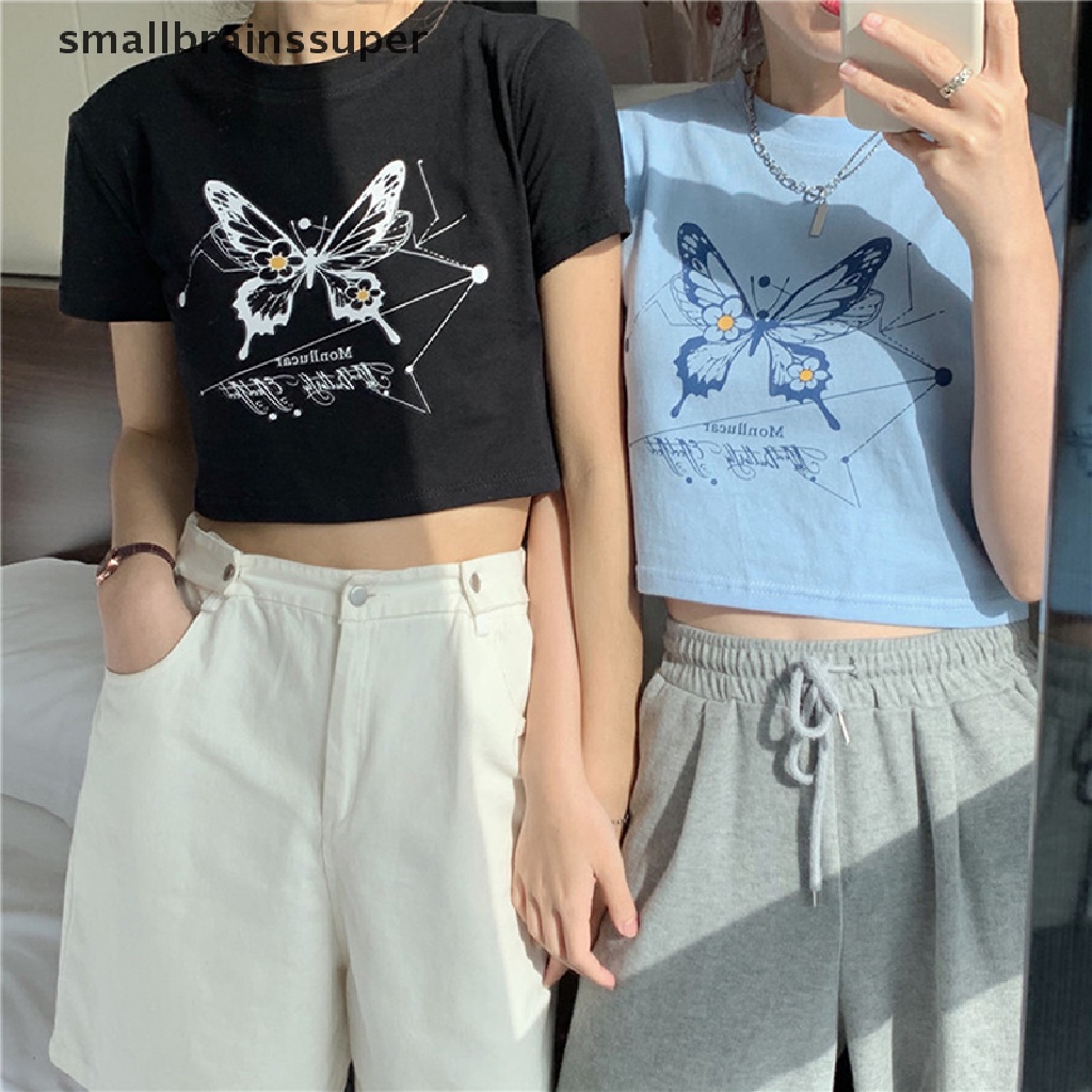 Áo Thun Croptop Tay Ngắn Cổ Tròn Dáng Ôm In Họa Tiết Bướm Thời Trang Mùa Hè Xinh Xắn Cho Nữ