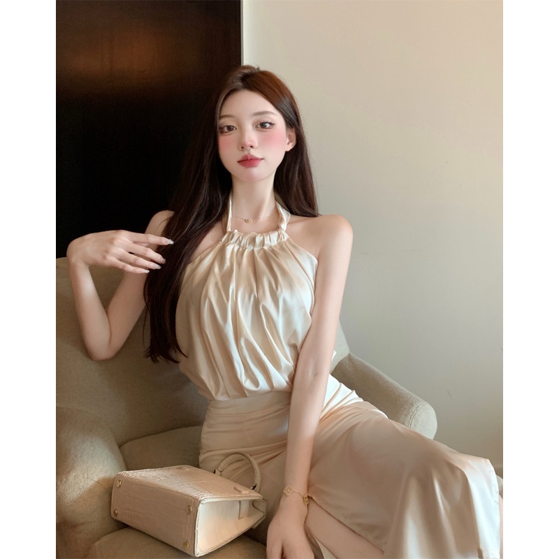 Set Áo Trễ Vai + Chân Váy Xẻ Tà Chất Liệu Satin Thời Trang Mùa Hè Hàn Quốc Cho Nữ