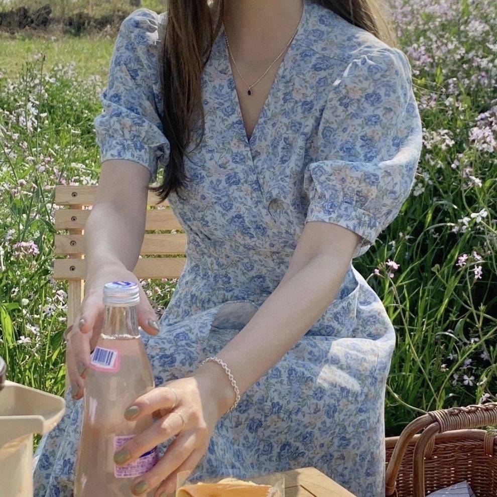 One Đầm Dáng Chữ A Tay Phồng Cổ Chữ V Buộc Dây Eo Họa Tiết Hoa Thời Trang Mùa Hè Phong Cách Pháp