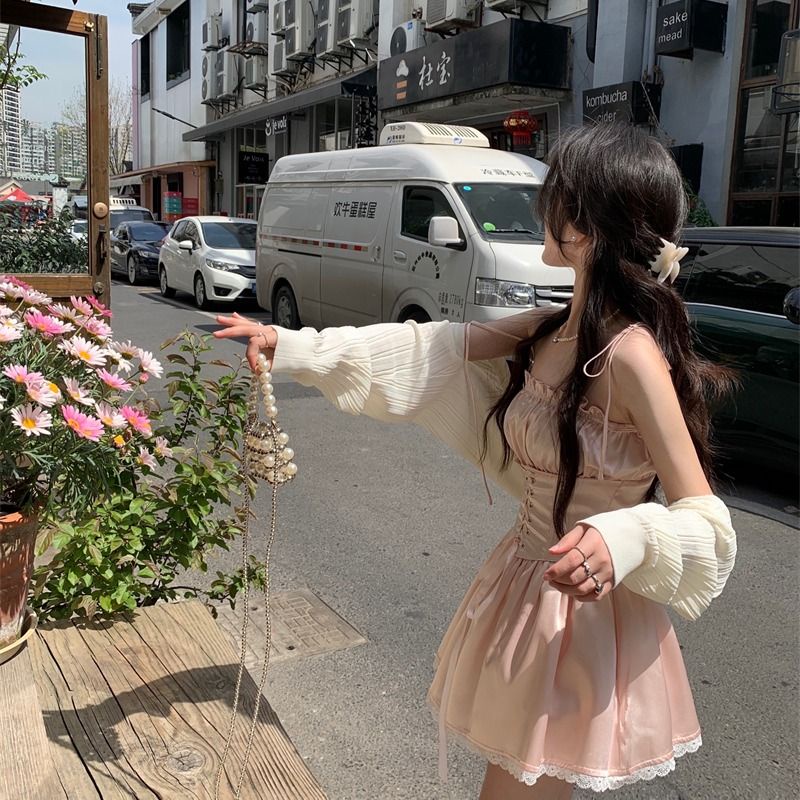 Set Áo Khoác Cardigan + Đầm Hai Dây Phối Ren Thời Trang Mùa Hè Cho Nữ