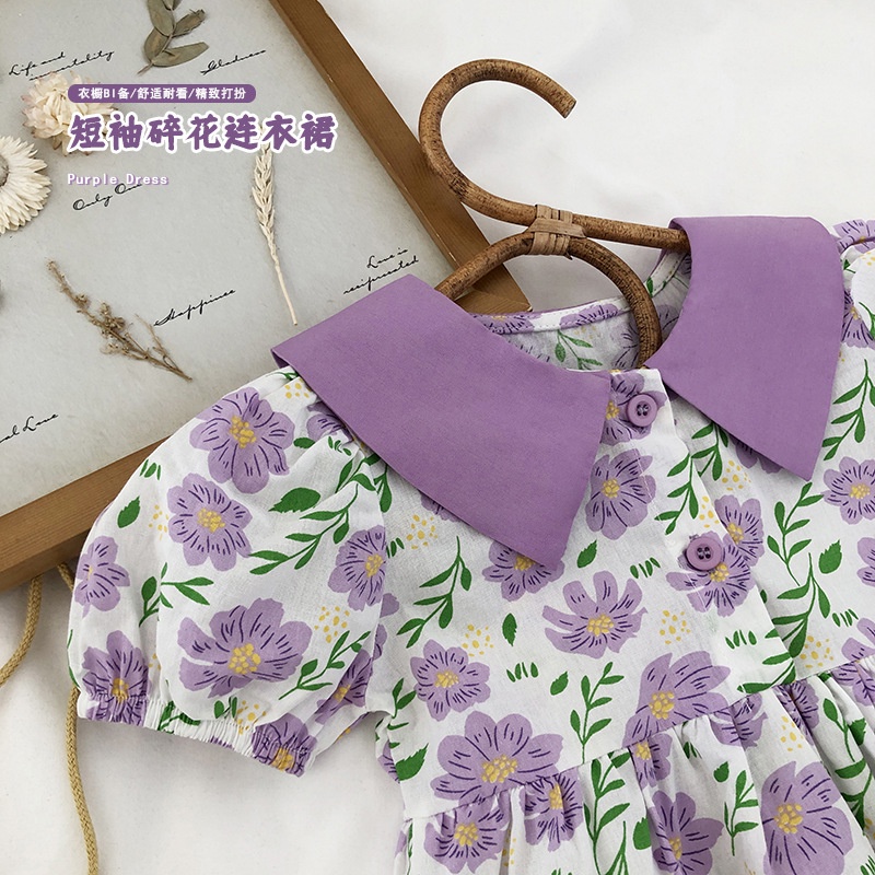 Đầm Công Chúa Tay Ngắn Cổ Búp Bê Họa Tiết Hoa Màu Tím Phong Cách Hàn Quốc Thời Trang Mùa Hè Cho Bé Gái