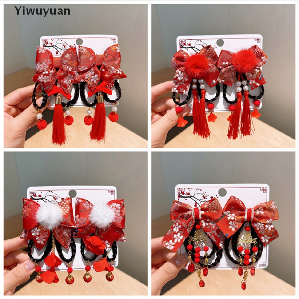 &lt; Yiwuyuan &gt; Bộ Kẹp Tóc Tua Rua Đính Bóng Lông Màu Đỏ Phong Cách Năm Mới Trung Hoa Quà Tặng Mùa Đông Cho Bé Gái