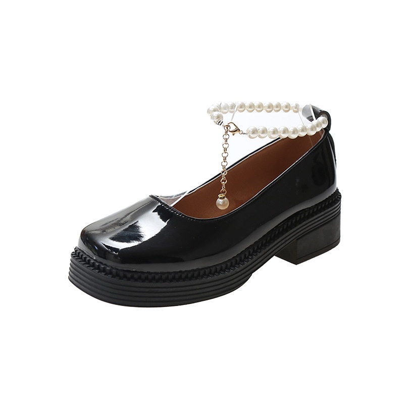 Giày Da Gót Dày Đính Ngọc Trai Phong Cách Lolita Vintage Anh Quốc